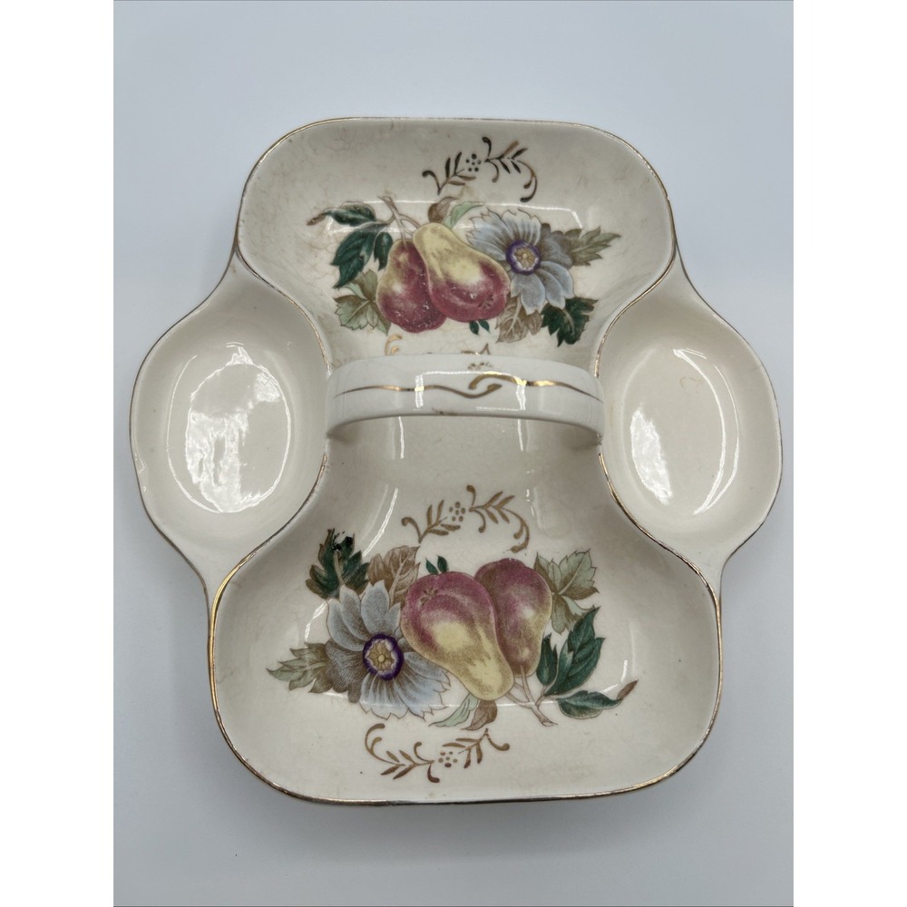 Vintage Divided Relish Serving Dish Pears Flowers Japan Gold Edged Charcuterie